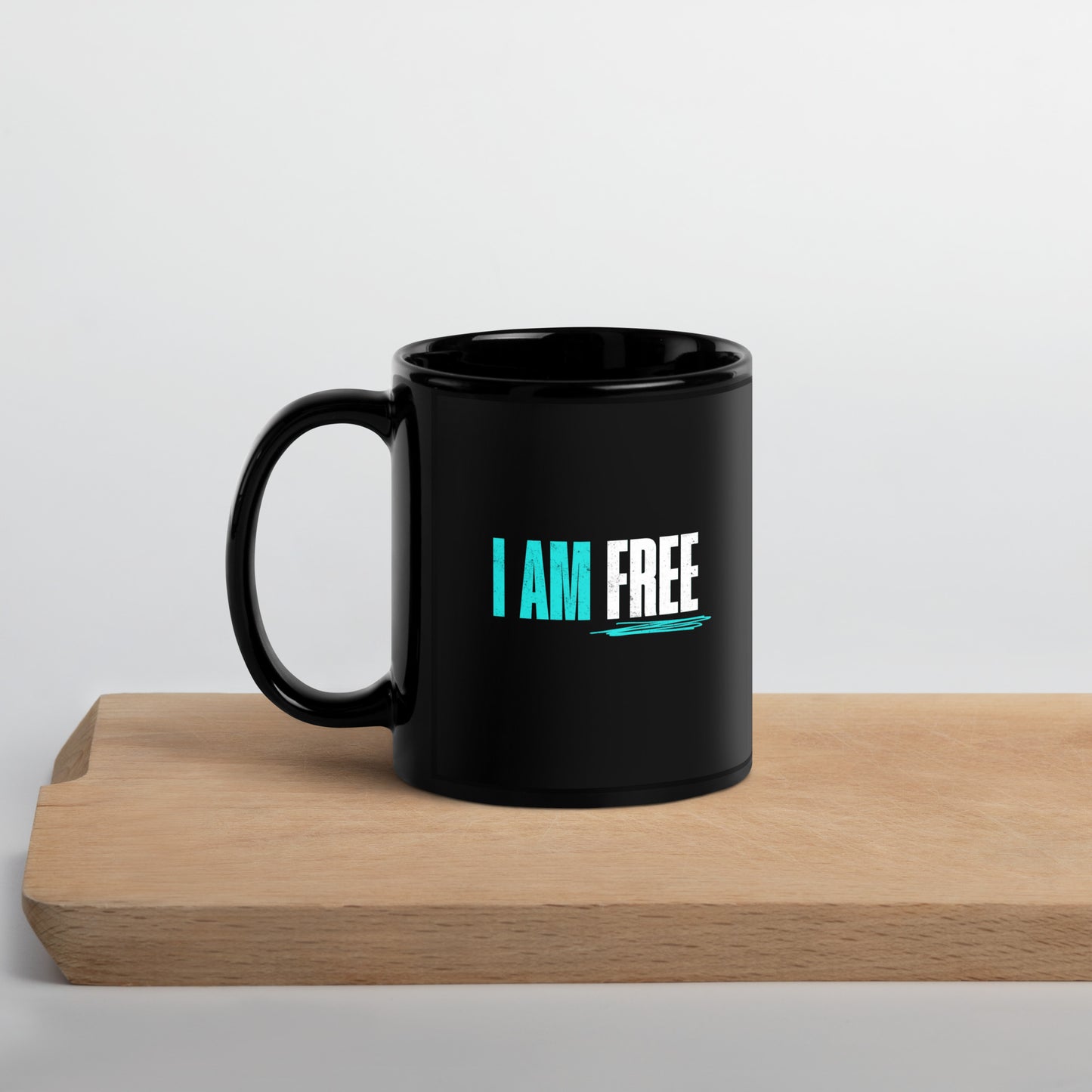 I AM FREE (Blue and White) Black Glossy Mug (No More Chains Bold on Back)