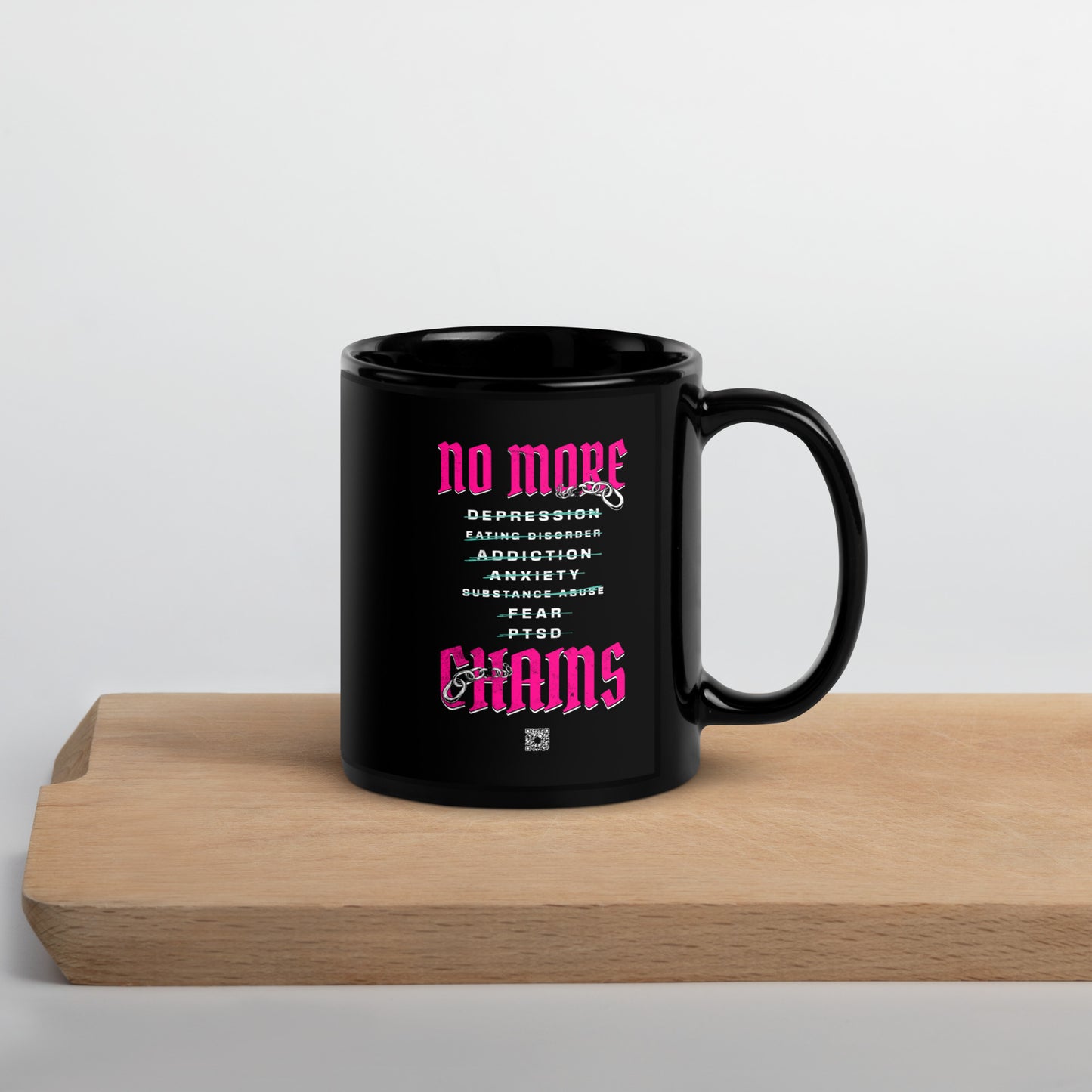 I AM FREE (Pink) Black Glossy Mug (No More Chains on Back)